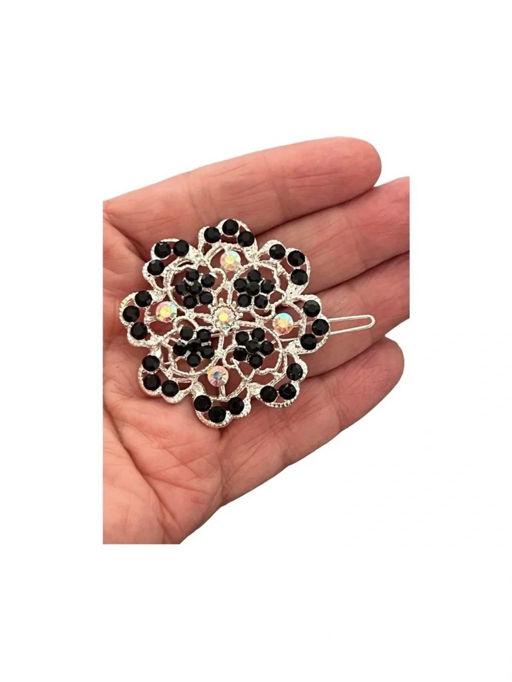 Silver Floral Hair Clip with Black and Iridescent Stones2,5” FINAL PRICE DROP